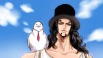  1boy animal animal_on_shoulder bare_shoulders bird bird_on_shoulder black_hair black_hat closed_mouth cloud cloudy_sky collarbone commentary english_commentary facial_hair goatee hat hattori_(one_piece) highres laechos long_hair male_focus necktie one_piece outdoors pigeon red_necktie rob_lucci sky top_hat white_bird yellow_eyes 