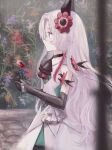  1girl absurdres ascot creature dress elbow_gloves expressionless familiar flower gloves grey_dress grey_eyes grey_hair hair_flower hair_ornament headgear highres holding holding_flower isekai_joucho kamitsubaki_studio long_hair looking_to_the_side multicolored_hair profile red_flower red_hair ria_(rian_0210) solo two-tone_hair very_long_hair virtual_youtuber 