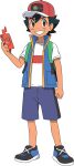  1boy ash_ketchum black_hair blue_vest brown_eyes clenched_hand full_body grey_shorts grin hand_up hat highres holding holding_phone male_focus official_art open_clothes open_vest phone pokemon pokemon_(anime) pokemon_journeys rotom rotom_phone shirt shoes short_hair short_sleeves shorts smile solo standing t-shirt teeth transparent_background vest white_shirt 