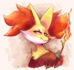  commentary creature creatures_(company) delphox english_commentary fire flame game_freak gen_6_pokemon holding_stick looking_to_the_side nintendo no_humans pokemon pokemon_(creature) signature smile solo vaporotem 
