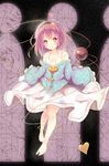  bare_shoulders barefoot blush film_grain full_body hairband heart heart-shaped_pupils highres komeiji_satori nyafu_(moai_lion) off_shoulder open_mouth pink_hair purple_eyes short_hair skirt solo stained_glass symbol-shaped_pupils third_eye touhou 