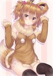  animal_ears bad_id bad_pixiv_id black_legwear blush bottomless brown_eyes brown_hair cosplay detached_sleeves eevee eevee_(cosplay) fox_ears fox_tail fur_trim gen_1_pokemon hair_between_eyes hair_bobbles hair_ornament head_tilt highres looking_at_viewer no_pants panties personification pokemon pom_pom_(clothes) short_hair side-tie_panties simple_background sitting solo striped striped_background tail thighhighs underwear wataru_(zazazazazazawa) white_panties 