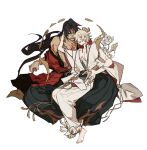  2boys ^_^ arm_around_waist arm_tattoo asura_(onmyoji) bare_arms bare_pectorals barefoot black_hair black_hakama blonde_hair chest_tattoo chinese_commentary closed_eyes collarbone commentary_request crossed_legs dark-skinned_male dark_skin earrings facial_mark fingernails flame_tattoo flower forehead_mark full_body gold_earrings gold_ring hakama hakama_pants hand_in_another&#039;s_hair hand_on_another&#039;s_hip hand_on_hand japanese_clothes jewelry jionghai kimono long_hair male_focus multiple_boys onmyoji open_mouth pants pectorals pointy_ears red_shawl shawl short_hair simple_background sitting sitting_on_lap sitting_on_person sleeveless sleeveless_kimono smile taishakuten_(onmyoji) tattoo toes toned toned_male topless_male very_long_hair white_background white_flower white_kimono white_shawl yaoi 