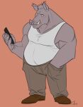 2016 anthro biceps bottomwear cellphone clothing electronics hand_in_pocket hi_res hogswild holding_object holding_phone looking_at_object looking_at_phone male mammal manly mature_male musclegut muscular pants pecs phone pockets shirt simple_background smartphone solo suid suina sus_(pig) tank_top topwear tusks white_clothing white_shirt white_tank_top white_topwear wild_boar