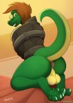 anthro anus balls bdsm bondage bound brown_eyes brown_hair butt crocodile crocodilian crocodylid eyewear genitals glasses green_body green_scales hair hi_res looking_at_viewer male paws reptile restraints scales scalie simple_background solo spinal22 straitjacket