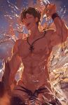  1boy abs arm_up backlighting belial_(granblue_fantasy) biceps black_hair commentary evening eyelashes glasses glowing glowing_eyes granblue_fantasy highres holding holding_removed_eyewear jewelry licking_lips looking_at_viewer male_focus muscular muscular_male navel necklace nipples ocean open_mouth orange_sky pectorals red_eyes shiny_skin short_hair sky smile solo splashing standing tongue tongue_out topless_male unworn_eyewear water wet wet_clothes wet_hair zuraa_(naunau_seijin) 