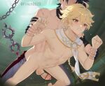  2boys aether_(genshin_impact) black_hair blonde_hair blush braid censored completely_nude earrings finch_(blanc1771) genshin_impact grey_hair hair_between_eyes hair_ornament jewelry long_hair male_focus multiple_boys navel nipples nude penis scarf sex sex_from_behind stomach testicles white_scarf wriothesley_(genshin_impact) yaoi yellow_eyes 