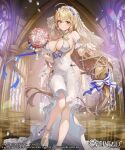  1girl absurdres bare_shoulders blonde_hair blush bouquet breasts character_request closed_mouth copyright_name covered_navel dress evertale flower highres holding holding_bouquet indoors large_breasts long_hair looking_at_viewer sage_joh see-through smile solo standing veil very_long_hair white_dress 