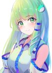  1girl blush closed_mouth commentary_request detached_sleeves frog_hair_ornament green_eyes green_hair hair_ornament hair_tubes highres kochiya_sanae long_hair looking_at_viewer narutakaya single_hair_tube smile snake_hair_ornament solo touhou 