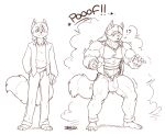 5_fingers ?! anthro biped bottomwear bulge canid canine claws clothed clothing daigo eyebrow_through_hair eyebrows fingers fox fur hair hi_res jon_helfrich male mammal monochrome muscular muscular_anthro muscular_male pants smile solo tail transformation translucent translucent_hair