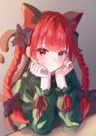 1girl animal_ear_fluff animal_ears black_bow blush bow braid cat_ears cat_tail closed_mouth commentary dress extra_ears green_dress hair_bow hands_on_own_face highres kaenbyou_rin long_hair long_sleeves looking_at_viewer multiple_tails narutakaya nekomata red_eyes red_hair red_ribbon ribbon sleeve_ribbon smile tail touhou twin_braids two_tails 