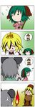  4koma absurdres anger_vein animal_ears bishamonten's_pagoda black_hair blonde_hair burning_at_the_stake chibi comic green_hair grey_eyes hair_ornament highres kasodani_kyouko mouse_ears multicolored_hair multiple_girls music nazrin open_mouth rakugaki-biyori silent_comic singing spoken_object stake tied_to_stake toramaru_shou touhou two-tone_hair 