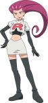  1girl black_shirt blue_eyes boots closed_mouth earrings elbow_gloves full_body gloves hand_on_own_hip highres jacket jessie_(pokemon) jewelry lipstick logo long_hair makeup navel official_art pokemon pokemon_(anime) pokemon_journeys purple_hair shirt short_sleeves skirt smile solo standing team_rocket team_rocket_uniform thigh_boots transparent_background white_jacket white_skirt zettai_ryouiki 