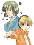  blonde_hair board_game go green_eyes green_hair highres hikaru_no_go lips male_focus miura_hajime multicolored_hair multiple_boys necktie shindou_hikaru short_hair sketch touya_akira 