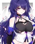  1girl absurdres acheron_(honkai:_star_rail) black_choker black_gloves breasts choker cleavage commentary elbow_gloves gloves hair_over_one_eye highres honkai:_star_rail honkai_(series) large_breasts long_hair looking_at_viewer midriff navel pink_eyes purple_hair single_bare_shoulder solo sosa_(user_dtsg8827) upper_body very_long_hair 