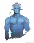  1boy abs bara blue_skin check_copyright colored_skin copyright_request cropped_torso fish fish_boy highres looking_at_viewer male_focus monster_boy muscular muscular_male nipples nude original pointy_ears powerlesssong solo stomach straight-on thick_eyebrows tsurime 