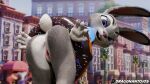 2024 3d_(artwork) 5:4 absurd_res angry anthro butt butt_grab claws clothing digital_media_(artwork) disney dragonantojos ears_back ears_down female fur grey_body grey_fur hand_on_butt hi_res huge_filesize judy_hopps lagomorph leporid looking_at_viewer looking_back mammal narrowed_eyes pivoted_ears police police_uniform purple_eyes rabbit scut_tail short_tail smile solo tail topwear trapped uniform vest zootopia