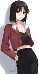  1girl alternate_costume black_hair black_pants black_shirt breasts brown_eyes closed_mouth commentary_request expressionless hand_in_pocket highres jacket kara_no_kyoukai long_sleeves looking_at_viewer medium_breasts midriff navel open_clothes open_jacket pants parted_bangs pocket red_jacket ryougi_shiki shadow shintyoi2 shirt short_hair simple_background solo white_background 