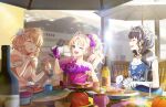  3girls apple_juice blue_dress blue_hair blurry blurry_background bow closed_eyes cup dress dress_bow dress_flower drinking_glass earrings elbow_gloves fake_food flower fork game_cg gloves hair_bow hair_flower hair_ornament high_side_ponytail highres hinoshita_kaho holding holding_cup holding_utensil jewelry juice knife lace-trimmed_dress lace_trim link!_like!_love_live! long_hair love_live! medium_hair multiple_girls murano_sayaka necklace official_art one_eye_closed open_mouth orange_dress orange_hair orange_wrist_cuffs osawa_rurino outdoors patio_umbrella princess purple_bow purple_dress purple_gloves shade sidelocks single-shoulder_dress sitting third-party_source tiara umbrella wavy_hair white_flower white_gloves white_tiara white_umbrella wine_glass wrist_cuffs 