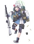  1girl :o absurdres anger_vein angry animal_ear_headwear annoyed bag black_gloves black_hair blue_archive blue_eyes blue_hair blue_serafuku blush boots breasts bullet carrying_bag combat_helmet commentary_request cross-laced_footwear fang full_body gloves gun helmet highres iroha_(iroha041) lahti-saloranta_m/26 light_machine_gun long_sleeves looking_at_viewer medium_breasts medium_hair neckerchief pleated_skirt pouch sailor_collar saki_(blue_archive) school_uniform serafuku skirt solo stahlhelm standing standing_on_one_leg thigh_pouch two-tone_skirt weapon yellow_neckerchief 