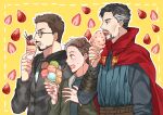  3boys animification arc_reactor avengers:_infinity_war avengers_(series) belt black-framed_eyewear black_hair black_shirt blue_eyes blue_shirt blush brown_belt brown_eyes brown_hair cloak commentary_request doctor_strange facial_hair fingernails food food_on_face fruit glasses gold_necklace green_jacket grey_hair grey_jacket hand_up hands_up holding holding_food holding_ice_cream hood hooded_jacket ice_cream ice_cream_cone jacket jewelry korean_commentary long_sleeves looking_to_the_side male_focus marvel marvel_cinematic_universe multicolored_hair multiple_boys necklace open_mouth peter_parker puffy_long_sleeves puffy_sleeves red_cloak shirt short_hair sindoiyodousiyo standing strawberry strawberry_background sweatdrop t-shirt teeth tongue tony_stark two-tone_hair v-shaped_eyebrows yellow_background 