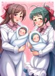  2girls ahoge antenna_hair apron asutorii brown_hair green_eyes green_hair hair_ornament hair_ribbon hairclip highres holding_baby irako_(kancolle) kantai_collection kappougi long_hair long_sleeves looking_at_viewer mamiya_(kancolle) mother_and_child multiple_girls open_mouth ponytail purple_eyes red_ribbon ribbon translation_request 