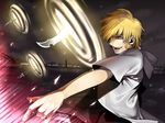  bad_id bad_pixiv_id blonde_hair earrings fate/stay_night fate_(series) gate_of_babylon gilgamesh hood hoodie jewelry male_focus mitsuki_mitsuno red_eyes solo sword weapon 