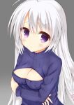  1girl ahoge arms_under_breasts ayachi_nene blush breasts cleavage cleavage_cutout closed_mouth clothing_cutout commentary_request embarrassed grey_background grey_hair igarashi_kenji large_breasts long_hair long_sleeves looking_at_viewer meme_attire open-chest_sweater purple_eyes ribbed_sweater sanoba_witch shiny_skin simple_background solo straight_hair sweater tears turtleneck turtleneck_sweater upper_body upturned_eyes very_long_hair 
