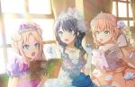  3girls :o blue_dress blurry blurry_background book bow cup dress dress_bow dress_flower earrings elbow_gloves flower game_cg gloves hair_bow hair_flower hair_ornament high_side_ponytail highres hinoshita_kaho holding holding_book jewelry lace-trimmed_dress lace_trim link!_like!_love_live! long_hair love_live! medium_hair multiple_girls murano_sayaka music necklace official_art open_book orange_dress orange_hair orange_wrist_cuffs osawa_rurino princess purple_bow purple_dress purple_gloves raised_eyebrows shade sidelocks singing single-shoulder_dress third-party_source tiara wavy_hair white_flower white_gloves white_tiara worried wrist_cuffs 