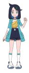  1girl black_hair black_shorts clenched_hand closed_mouth cowlick eyelashes full_body green_eyes green_jacket hair_ornament hairclip hand_up happy jacket liko_(pokemon) looking_at_viewer official_art open_clothes open_jacket pokemon pokemon_(anime) pokemon_horizons shirt shorts sleeves_past_elbows smile socks solo split_mouth standing thighs transparent_background white_footwear white_shirt white_socks yellow_bag 