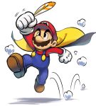  1boy blue_overalls boots brown_footwear brown_hair cape clenched_hands facial_hair feathers full_body gloves highres holding holding_feather jumping looking_at_object mario mario_&amp;_luigi_rpg mario_(series) masanori_sato_(style) mustache overalls red_hat red_shirt shirt short_hair simple_background solo white_background white_gloves ya_mari_6363 yellow_cape 
