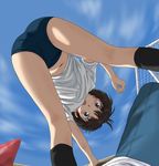  amagami ass bent_over blush brown_eyes brown_hair buruma cloud cloudy_sky cone day from_behind from_below goal gym_uniform highres keisuke_(0320030103200301) kneepits midriff navel open_mouth pantylines pov shirt short_hair sky solo t-shirt tachibana_miya upside-down 