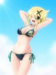  ;d akatsuki_kirika arms_behind_head banemumu bikini blonde_hair green_eyes one_eye_closed open_mouth senki_zesshou_symphogear short_hair smile solo swimsuit 