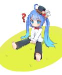  1girl ? ahoge barefoot black_hat black_pants blue_eyes blue_hair bow bowtie clock commentary_request highres kuma-bound long_hair on_grass original pants red_bow red_bowtie shirt simple_background sitting twintails white_background white_shirt 