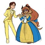 anthro barefoot beast_(disney) beauty_and_the_beast belle_(beauty_and_the_beast) blush crossgender disney duo eye_contact feet female hand_holding human looking_at_another male mammal monster smiling_at_each_other toes