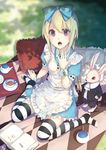  alice_(wonderland) alice_in_wonderland apron arm_support blonde_hair bow bunny dress from_above hair_bow highres la-na long_hair looking_at_viewer looking_up pocket_watch purple_eyes sitting solo striped striped_legwear thighhighs wariza watch white_rabbit 