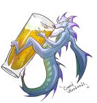 absurd_res alcohol animal_humanoid anthro beer beer_glass belly belly_scales beverage blue_body breasts butt claws dragon dragon_wings featureless_breasts female frill_(anatomy) glistening glistening_body hi_res horn humanoid mythological_creature mythological_scalie mythology organs purple_horn red_wings scales scalie scalie_humanoid scalie_tail scar size_difference small_breasts small_butt smaller_female solo stomach tail varakaska wings