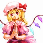  asada_ryou ascot bad_id bad_pixiv_id blonde_hair bow expressionless faux_traditional_media flandre_scarlet hands_clasped hat hat_bow mob_cap own_hands_together puffy_short_sleeves puffy_sleeves red_eyes short_hair short_sleeves solo touhou white_background wings 