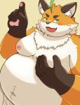 2024 absurd_res anthro barely_visible_genitalia barely_visible_penis belly big_belly blush canid canine cute_fangs fox genitals hi_res humanoid_hands iyo_(tamacolle) kemono male mammal moobs navel nipples overweight overweight_male penis simple_background solo tamacolle yukumaru3