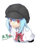  alternate_headwear blue_hair bow cabbie_hat character_name face hat highres hinanawi_tenshi looking_at_viewer red_eyes route1911 simple_background smile solo touhou upper_body white_background 