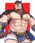 abs another_eidos_of_dragon_vein_r ball_bulge belt billford bulge canid canine canis chest_tuft clothing domestic_dog hi_res male mammal mine_miki0840 muscular muscular_arms muscular_male pecs scar solo thong tuft underwear