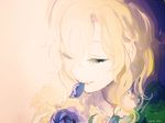  biting blonde_hair blue_flower blue_rose closed_eyes face flower ib mary_(ib) petals rose solo souno_kazuki wavy_hair 