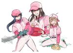  3girls azalea_(love_live!) baseball baseball_bat baseball_cap baseball_mitt baseball_uniform black_hair blonde_hair blue_gloves blush brown_hair closed_eyes commentary_request gloves grass hat korean_commentary kunikida_hanamaru kurosawa_dia long_hair long_sleeves love_live! love_live!_sunshine!! matsuura_kanan mole mole_under_mouth motion_blur multiple_girls open_mouth pants parted_lips pink_shirt pito_(sh02327) pointing pointing_at_viewer ponytail purple_eyes shirt simple_background smile sportswear striped_clothes striped_pants striped_shirt v-shaped_eyebrows white_background white_pants 