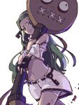  1girl a.b.a bags_under_eyes bandaged_chest bandages blood fingerless_gloves gloves green_eyes grey_hair guilty_gear guilty_gear_strive highres key key_in_head navel object_through_head ooiwa_(irc14786149) pale_skin paracelsus stitched_mouth stitches 