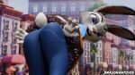 2024 3d_(artwork) 5:4 absurd_res angry anthro butt butt_grab claws clothing digital_media_(artwork) disney dragonantojos ears_back ears_down female fur grey_body grey_fur hand_on_butt hi_res huge_filesize judy_hopps lagomorph leporid looking_at_viewer looking_back mammal narrowed_eyes pivoted_ears police police_uniform purple_eyes rabbit scut_tail short_tail smile solo tail topwear trapped uniform vest zootopia