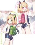  2girls :3 animal_ear_headphones animal_ears ass back_cutout backpack bag bare_arms bare_legs bare_shoulders black_one-piece_swimsuit blonde_hair blue_archive blush bow breasts cat cat_ear_headphones cat_ears cat_tail clothing_cutout competition_swimsuit cowboy_shot fake_animal_ears fang flat_chest from_behind green_bow green_eyes green_halo hair_bow hair_ribbon halo headphones highres looking_at_viewer looking_back medium_hair midori_(blue_archive) momoi_(blue_archive) mono_(mono_mon) multiple_girls one-piece_swimsuit open_mouth pink_bag pink_eyes pink_halo pink_ribbon randoseru ribbon school_swimsuit short_hair siblings sidelocks simple_background sisters small_breasts smile swimsuit tail thighs translation_request twins white_background zoom_layer 