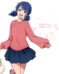  1girl blue_eyes blue_hair blue_skirt jewelry long_sleeves low_twintails marinette_dupain-cheng miraculous_ladybug necklace open_mouth red_sweater sagara_shino skirt solo sweater twintails 