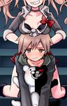  1girl blush bow breast_rest breasts breasts_on_head brown_hair collarbone danganronpa danganronpa_1 enoshima_junko green_eyes grin long_sleeves medium_breasts monokuma naegi_makoto natsuhachi pink_hair pleated_skirt skirt sleeves_rolled_up smile sweat 