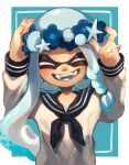  1girl aqua_background arms_up asymmetrical_hair blue_flower blue_hair blue_sailor_collar blue_tongue border braid closed_eyes colored_tongue facing_viewer fangs flower hair_tie hand_on_headwear hand_on_own_head happy head_wreath highres inkling inkling_girl inkling_player_character long_hair long_sleeves neckerchief open_mouth outside_border sailor_collar sailor_shirt seashell shell shirt single_braid solo splatoon_(series) splatoon_3 takiitoon tentacle_hair upper_body white_border white_shirt 