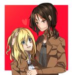  bad_id bad_pixiv_id blonde_hair brown_hair christa_renz f_(hiyamatakao) hand_on_another's_head heart jacket multiple_girls paradis_military_uniform ponytail red_background shingeki_no_kyojin short_hair ymir_(shingeki_no_kyojin) 